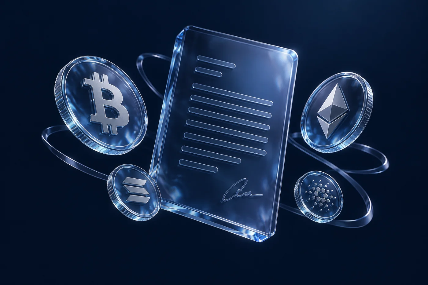 Glass crypto coins surrounding a legal document